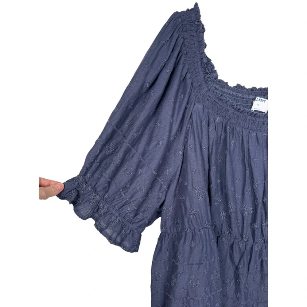 Old Navy 4X Top Blue Embroidered Puff Sleeve‎ Boho Peasant Flowy Fall New W/Tag
